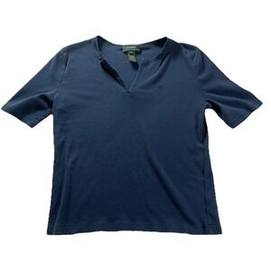 Lauren Ralph Lauren Blue 100% Cotton V-Neck‎ Short Sleeve T-Shirt Top L